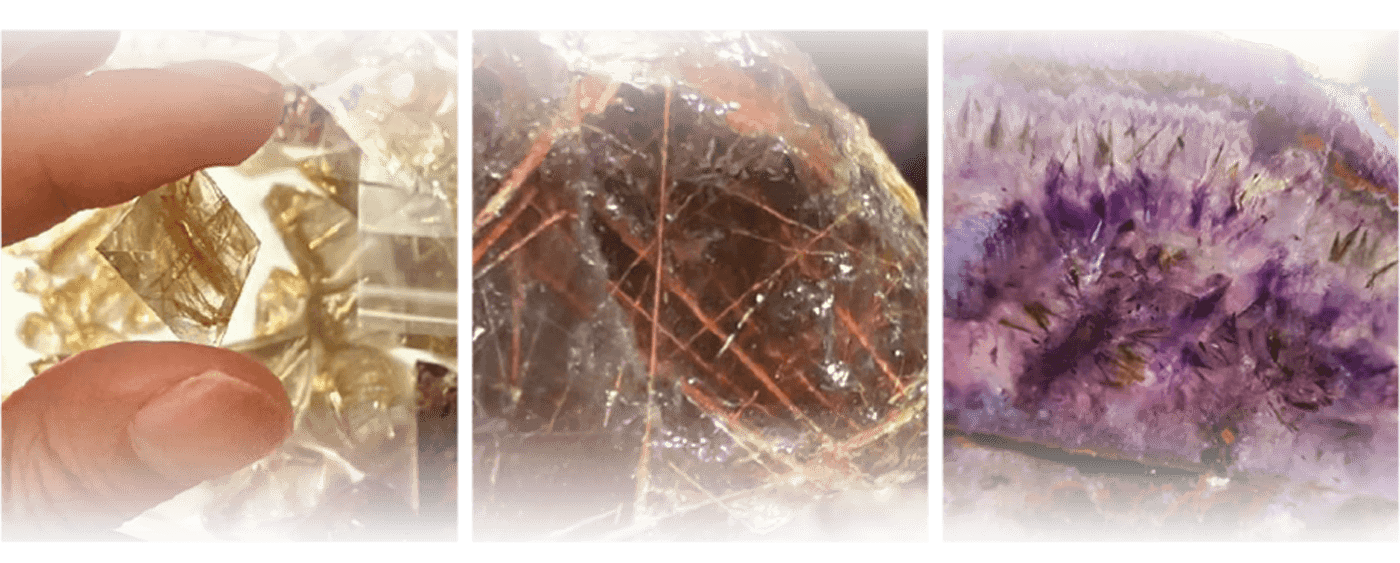 天然水晶矿物纹理：金发晶、红针晶与紫晶